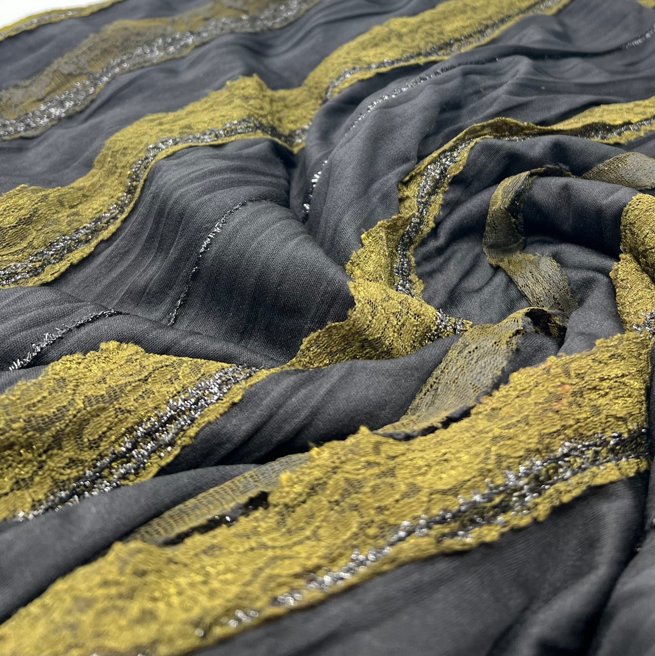 Black Green Ruffle Lace Detail Fabric Stretch